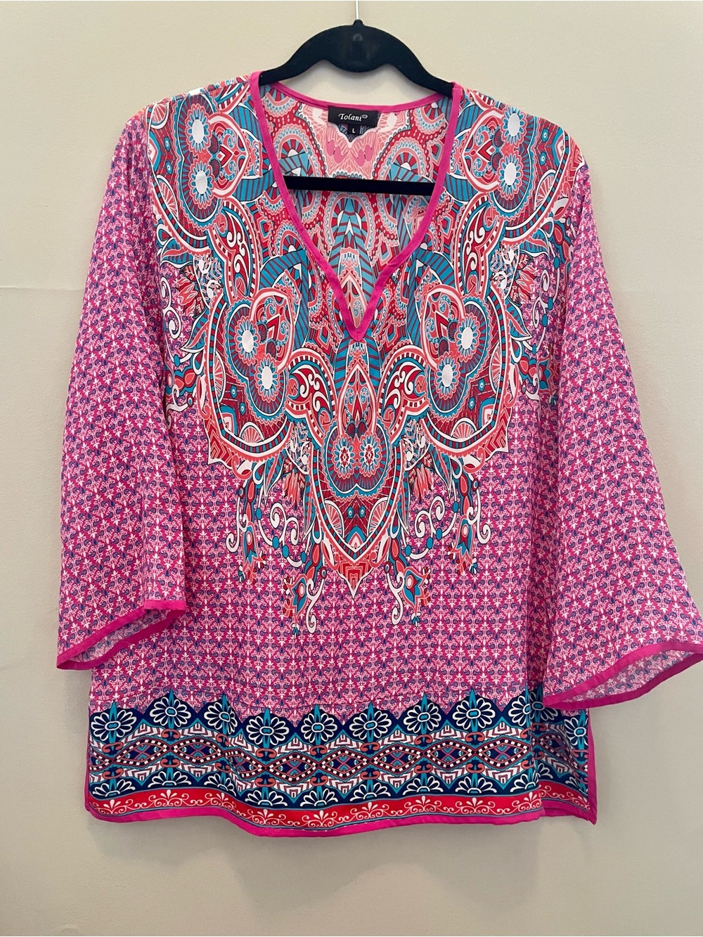 Tolani Silk Paisley Tunic Blouse Pink Teal Boho V-Neck Top Size L